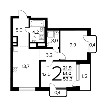 53,3 м², 2-комн. квартира, 3/14 этаж