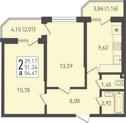 54,5 м², 2-комн. квартира, 13/22 этаж