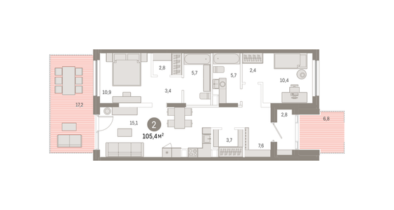 105,4 м², 2-комн. квартира, 1/7 этаж