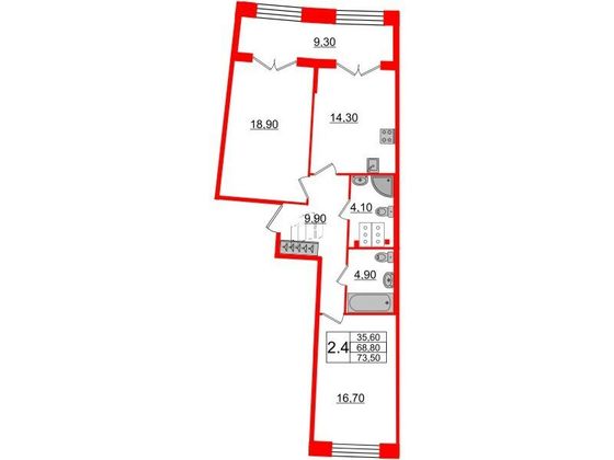 Продажа 2-комнатной квартиры 68,8 м², 3/8 этаж
