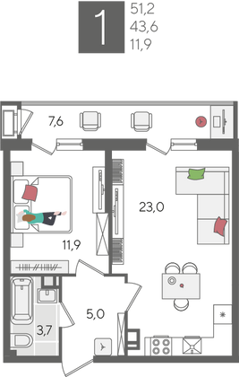 Продажа 1-комнатной квартиры 51,2 м², 6/24 этаж