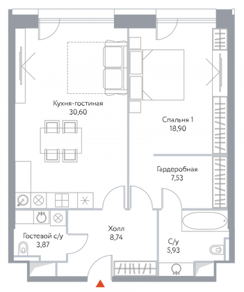 74,8 м², 2-комн. квартира, 9/15 этаж