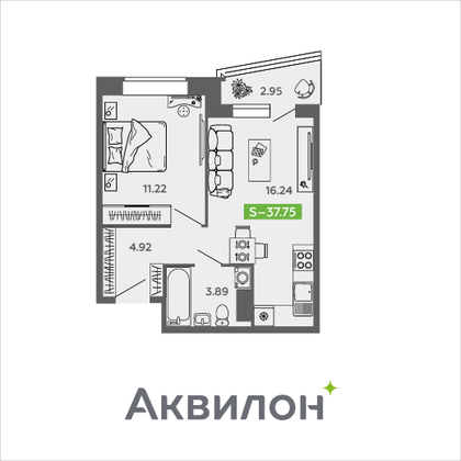 37,8 м², 1-комн. квартира, 9/9 этаж