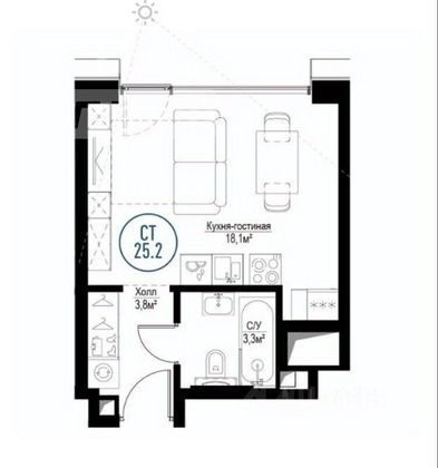Продажа 1-комнатной квартиры 25,2 м², 6/30 этаж