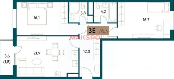 Продажа 2-комнатной квартиры 74,6 м², 13/15 этаж