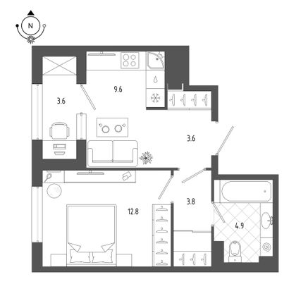 36,5 м², 1-комн. квартира, 4/18 этаж