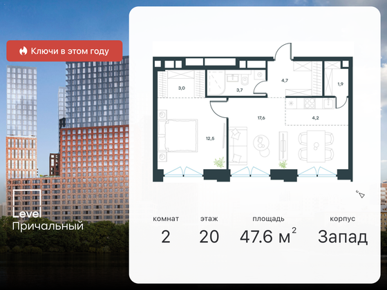 47,6 м², 2-комн. квартира, 20/32 этаж