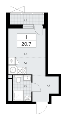 20,7 м², своб. планировка, 12/16 этаж