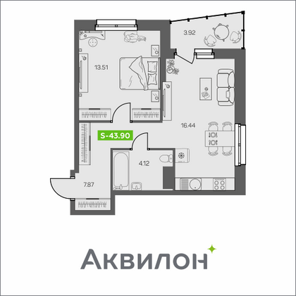 43,9 м², 1-комн. квартира, 8/8 этаж