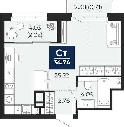 34,7 м², 1-комн. квартира, 3/23 этаж