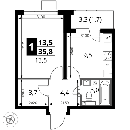 35,8 м², 1-комн. квартира, 5/24 этаж