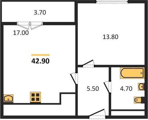 Продажа 1-комнатной квартиры 42,9 м², 9/25 этаж
