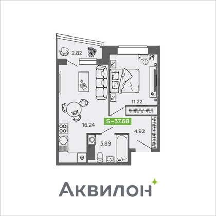 37,7 м², 1-комн. квартира, 7/9 этаж