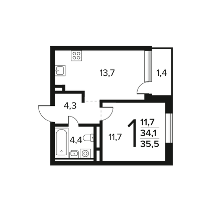 Продажа 1-комнатной квартиры 35,5 м², 6/9 этаж