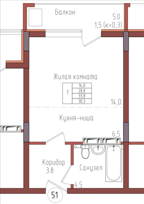 30,3 м², 1-комн. квартира, 7/9 этаж