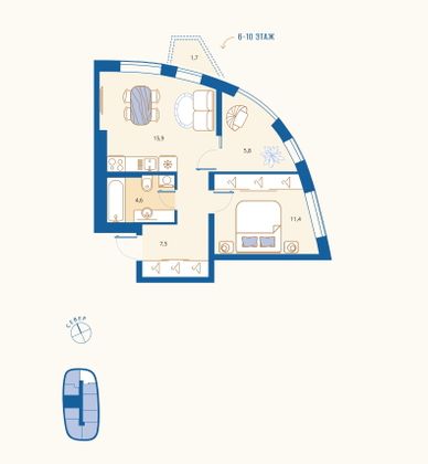 Продажа 1-комнатной квартиры 46,7 м², 7/18 этаж