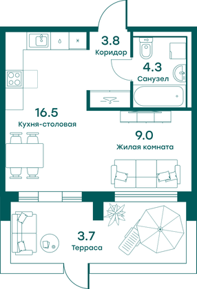 37,3 м², 1-комн. квартира, 1 этаж