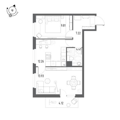 51,7 м², 2-комн. квартира, 13/25 этаж