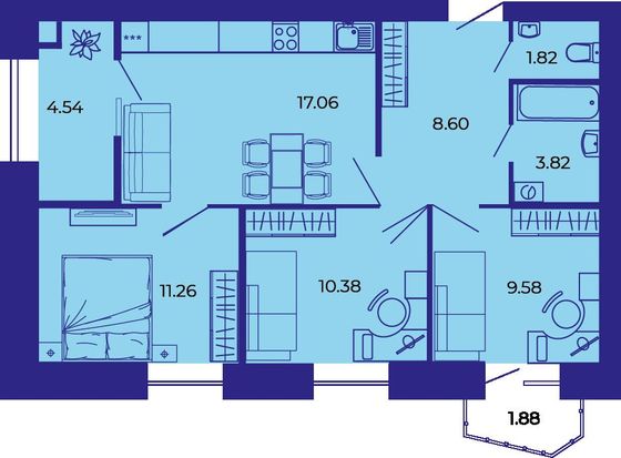 Продажа 3-комнатной квартиры 68,9 м², 5/9 этаж