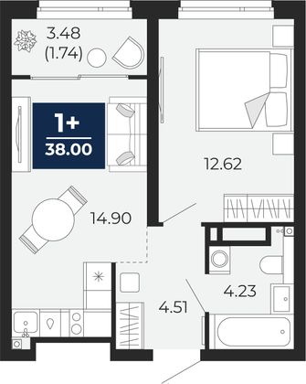 38 м², 1-комн. квартира, 18/22 этаж