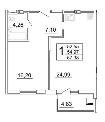 57,4 м², 1-комн. квартира, 5/27 этаж