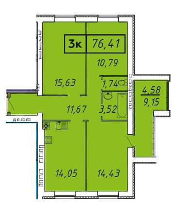 Продажа 3-комнатной квартиры 76,4 м², 6/9 этаж
