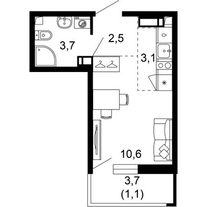 21 м², 1-комн. квартира, 8/17 этаж