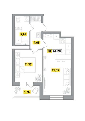 44,3 м², 2-комн. квартира, 6 этаж