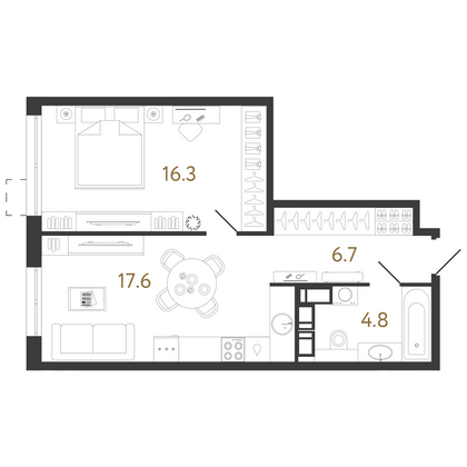 45,4 м², 1-комн. квартира, 21/23 этаж