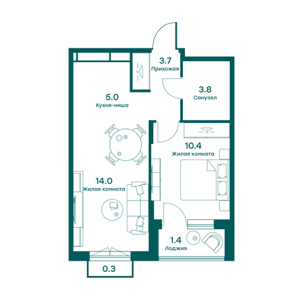 38,5 м², 2-комн. квартира, 2/5 этаж