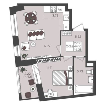 Продажа 2-комнатной квартиры 46,4 м², 11/22 этаж
