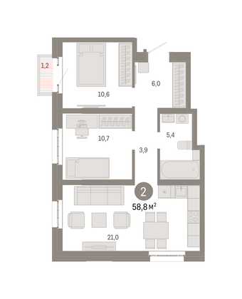 58,8 м², 2-комн. квартира, 22/31 этаж