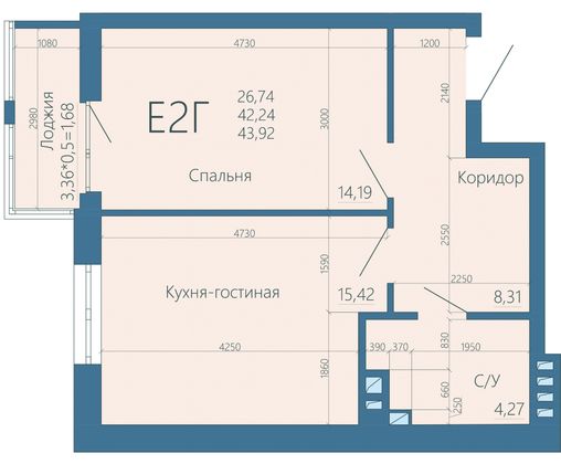 44,1 м², 2-комн. квартира, 2/15 этаж