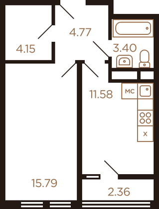 40,6 м², 1-комн. квартира, 5/8 этаж