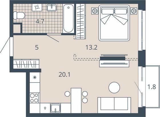 Продажа 1-комнатной квартиры 44,3 м², 18/23 этаж