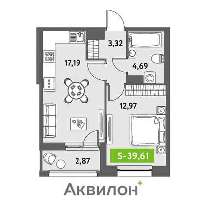 39,6 м², 1-комн. квартира, 8/12 этаж