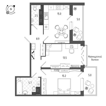 65,6 м², 2-комн. квартира, 5/12 этаж