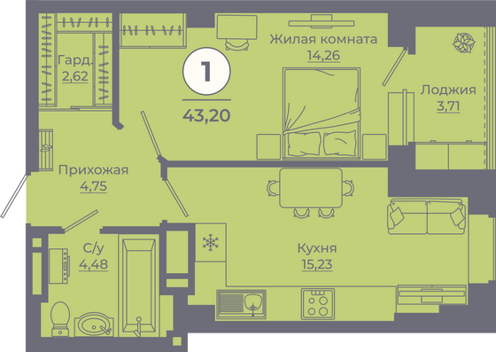 Продажа 1-комнатной квартиры 43,4 м², 4/24 этаж