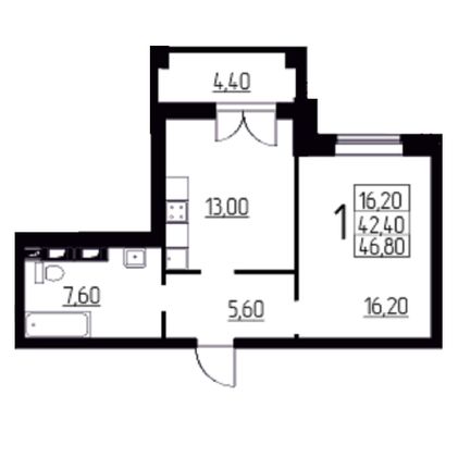 46,8 м², своб. планировка, 1/18 этаж