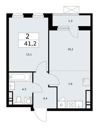 41,2 м², своб. планировка, 12/13 этаж