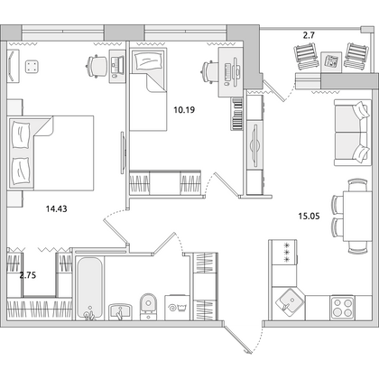 Продажа 2-комнатной квартиры 56,8 м², 2/15 этаж