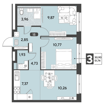 Продажа 3-комнатной квартиры 51,7 м², 4/25 этаж