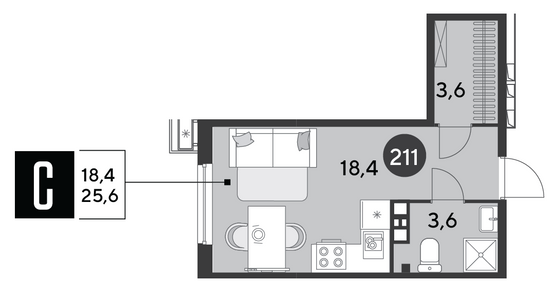 Продажа квартиры-студии 25,6 м², 6/9 этаж