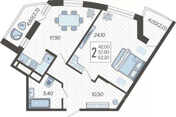 Продажа 2-комнатной квартиры 62,2 м², 6/16 этаж