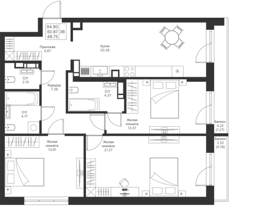 94,9 м², 3-комн. квартира, 4/24 этаж