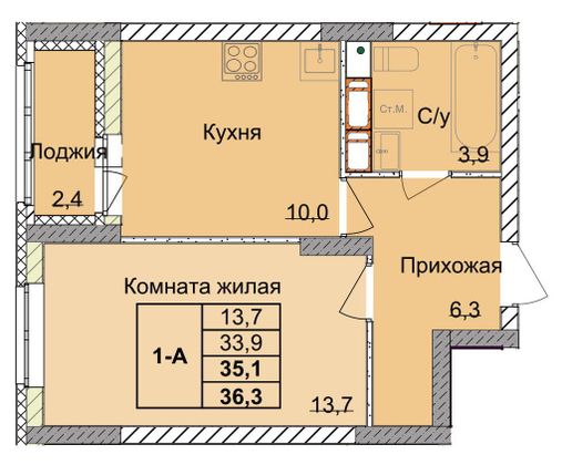 Продажа 1-комнатной квартиры 35,1 м², 12/18 этаж