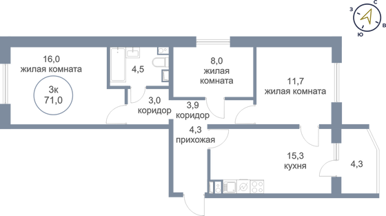 71 м², 3-комн. квартира, 11/16 этаж