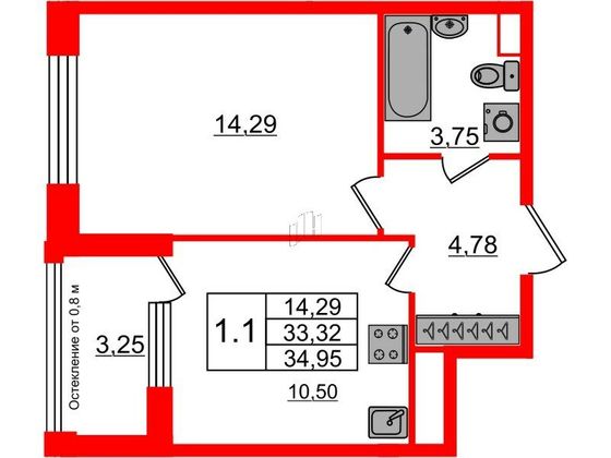 Продажа 1-комнатной квартиры 33,3 м², 2/9 этаж