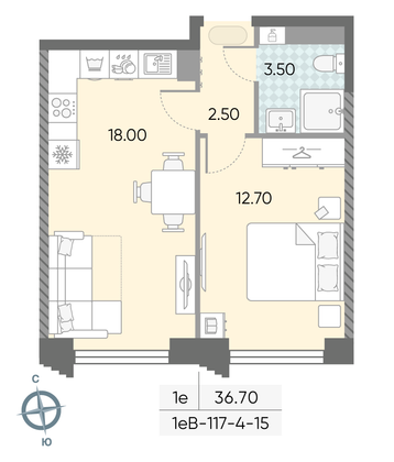 Продажа 1-комнатной квартиры 36,7 м², 14/58 этаж