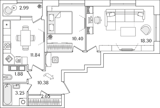 59,6 м², 2-комн. квартира, 13/22 этаж